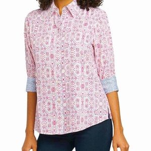 Foxcroft Womens Button Up Top  3/4 Sleeve Crisp White w/ Pink Tribal Floral  XL
